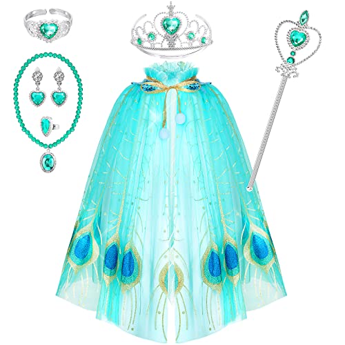 Fedio Princess Cape Set 7 Pieces Girls Princess Cloak with Tiara Crown, Wand for Little Girls Dress up (Peacock)