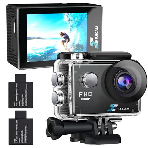 Xilecam Action Camera 1080P 30fps Sports Camera 40m/131ft Underwater Waterproof with 2 Batteries and Multi-Function Accessory