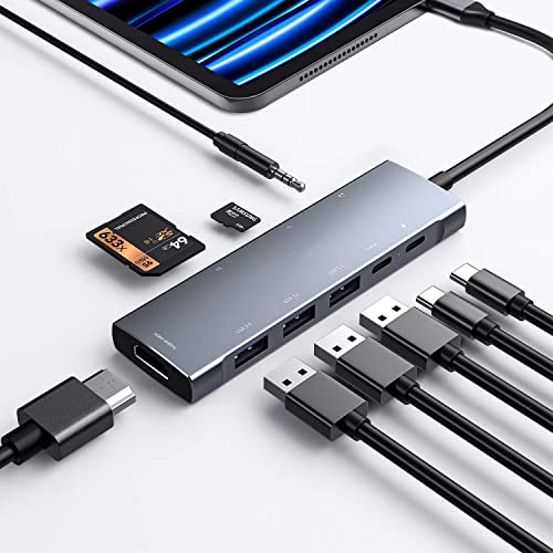 USB C HUB for iPad Pro 9-in-1 Adapter iPad Pro 12.9 11 inch iPad Air 5 4 Docking Station with 4K HDMI, USB-C PD, SD/TF Card Reader, USB 3.0, 3.5mm Headphone Jack, Type C Data, iPad Mini 6