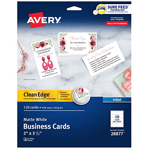Avery Clean Edge Printable Business Cards with Sure Feed Technology, 2' x 3.5', White, 120 Blank Cards for Inkjet Printers (28877)