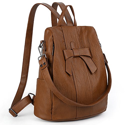 UTO Women ANTI-THEFT Backpack Purse PU Washed Leather Convertible Ladies Rucksack Bowknot Shoulder Bag Brown