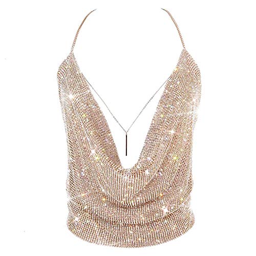 Sparkly Sexy Tops for Women Gold Deep V Neck Crop Rhinestone Tank Tops Cami Body Chain Top