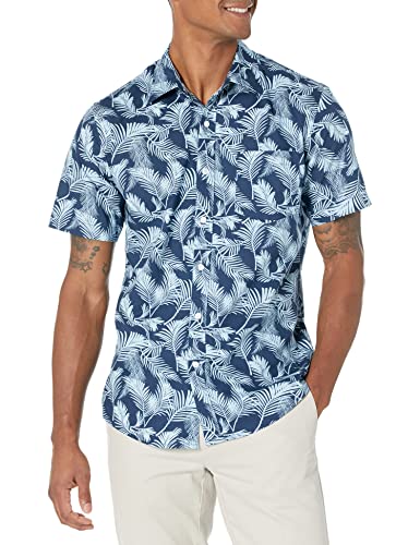 Amazon Essentials Men's Slim-Fit Short-Sleeve Print Shirt, Aqua Blue Navy Palm Leaf, Large