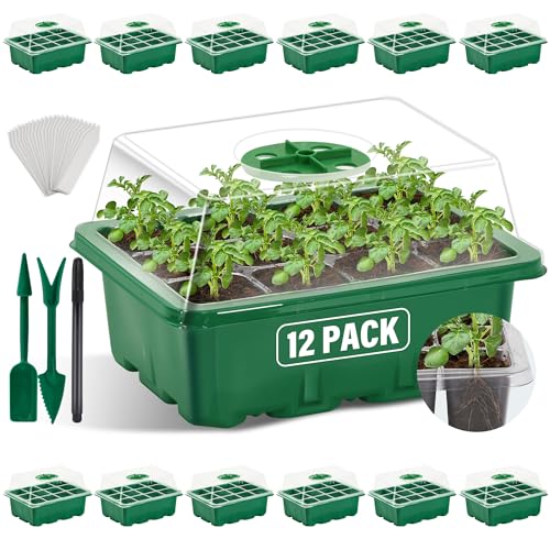 Xpatee 12 Packs Seed Starter Tray with Dome (144 Cells Total Tray), Seed Starter Kit with 24pcs Labels Seeding Tool, Reusable Seed Starting Trays Kit Mini Greenhouse Plant Germination Tray (Green)