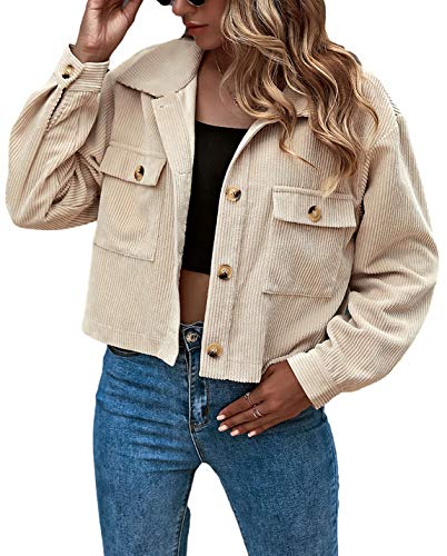 Gihuo Women's Fashion Cropped Shacket Button Down Corduroy Shacket Jackets Casual Plaid Long Sleeve Crop Jackets Tops (Apricot, X-Large)