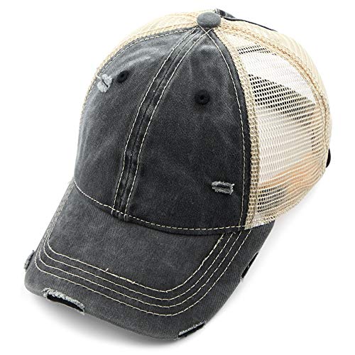 C.C Hatsandscarf Exclusives Washed Distressed Cotton Denim Ponytail Hat Adjustable Baseball Cap (BT-12) Black