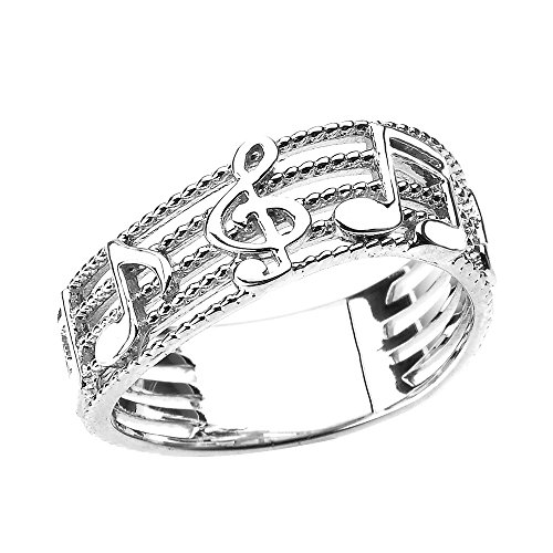 Treble Clef with Musical Notes in Sterling Silver Wavy Band (Size 13.5)