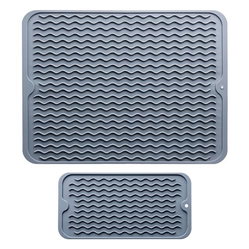 Silicone Dish Drying Mat - 2 Packs of Non-Slip Silicone Mat Easy Clean Drying Mat Large Heat-Resistant Dish Drainer Mat for Kitchen Counter, Sink, Refrigerator or Drawer Liner(16'x12', 12''x 6'' GREY)