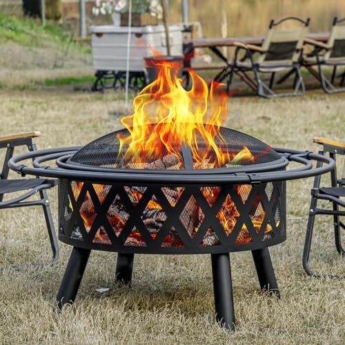 EcoNook 36 Inch Wood Burning Fire Pit with 2 Loops, Outdoor Fire Pit with Spark Screen & Fire Poker, Cross Weave Firepit for Outside Fireplace Bonfire for Yard,Patio, Garden