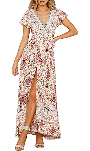 ZESICA Women's 2024 Bohemian Floral Printed Wrap V Neck Short Sleeve Split Beach Party Maxi Dress,Ivory,Small