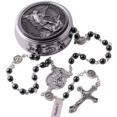 HanlinCC Saint Michael the Archangel Hematite Black Stone Beads Rosary Necklace with Metal Gift Box for Men