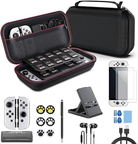 Accessories Kit for Nintendo Switch OLED Carrying case and Screen Protector，Comfort Grip Cover，USB charger cable, Headphones,Game holder for NIntendo Switch OLed（20 in 1)