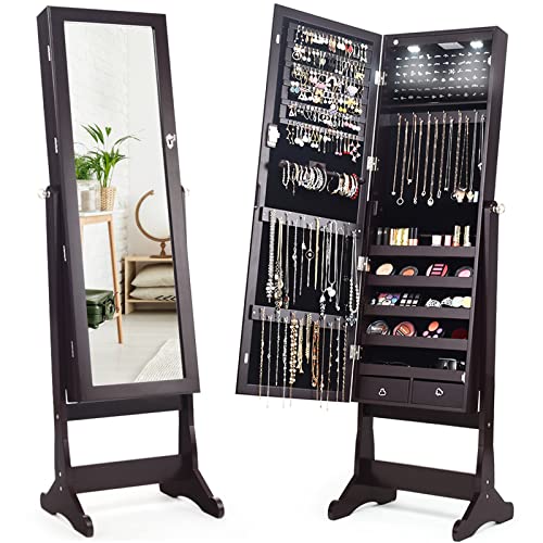 Giantex 2 LEDs Standing Jewelry Cabinet with Full-Length Mirror, Lockable Mirrored Jewelry Armoire with 2 Drawers, 4 Adjustable Angles, Jewelry Storage Organizer (Brown)