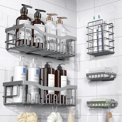 EUDELE Shower Caddy 5 Pack,Adhesive Shower Organizer for Bathroom Storage&Home Decor&Kitchen,No Drilling,Large Capacity,Rustproof Stainless Steel Bathroom Organizer,Shower Shelves for Inside Shower