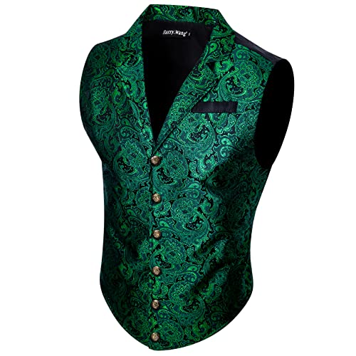 Barry.Wang Mens Silk Victorian Vest Tailored Collar Emerald Green Paisley Steampunk Gothic Waistcoat