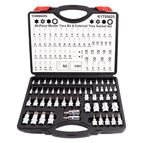 TOMMARS 60-Pc Master Torx Bit Socket and External Socket Set 1/4', 3/8', 1/2' Drive, S2 Steel Bits, CRV Sockets E4-E24, T6-T70,TT6-TT70,TP8-TP60