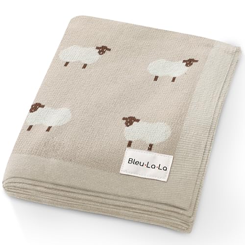 Bleu La La Baby Swaddle Blanket - 100% Luxury Cotton Knit Soft Cozy Lightweight Unisex Receiving Crib Stroller Quilt Blanket for Shower Gift Registry for Newborns Infants Toddlers (Sheep - Khaki)