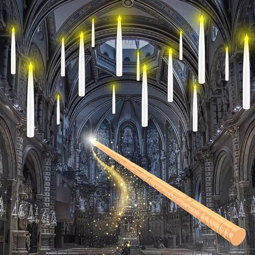 Floating Candles with Wand, Magic Hanging Candles Flickering Warm Light Flameless LED Taper Candle with Wand Remote, Battery Operated Window Candles for Home Wedding Birthday Party Decor (12 Pack)