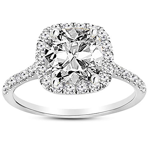 14K White Gold 3 Carat LAB GROWN DIAMOND Halo Cushion Cut Diamond Engagement Ring (G-H Color VS1-VS2 Clarity 2.5 Ct Center)