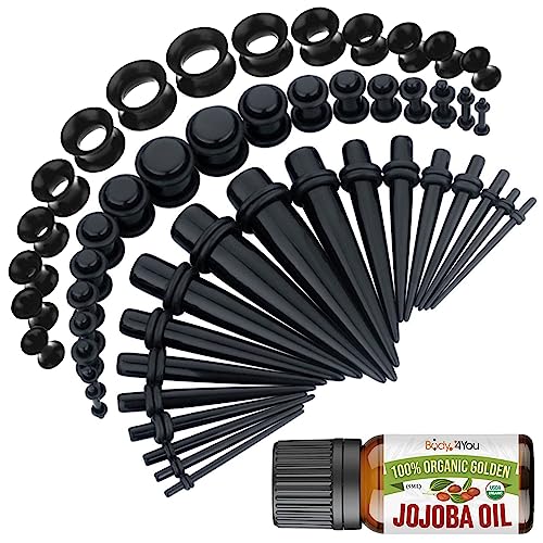 BodyJ4You 54PC Ear Stretching Kit 14G-12mm - Aftercare Jojoba Oil - Black Acrylic Plugs Gauge Tapers Silicone Tunnels - Lightweight Expanders Men Women