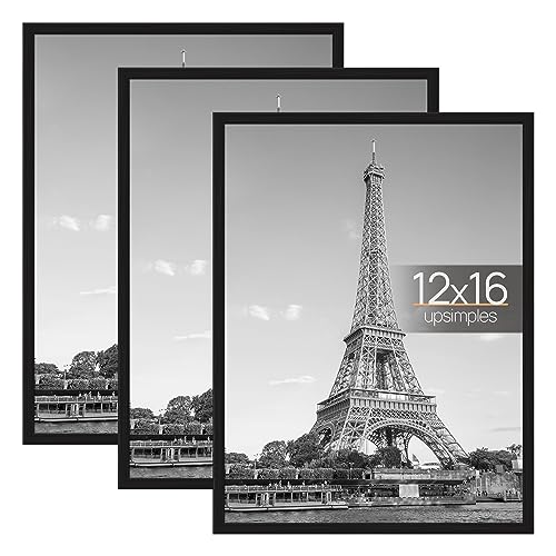 upsimples 12x16 Frame Black 3 Pack, Picture Frames 12 x 16 for Horizontal or Vertical Wall Mounting, Scratch-Proof Wall Gallery Poster Frame