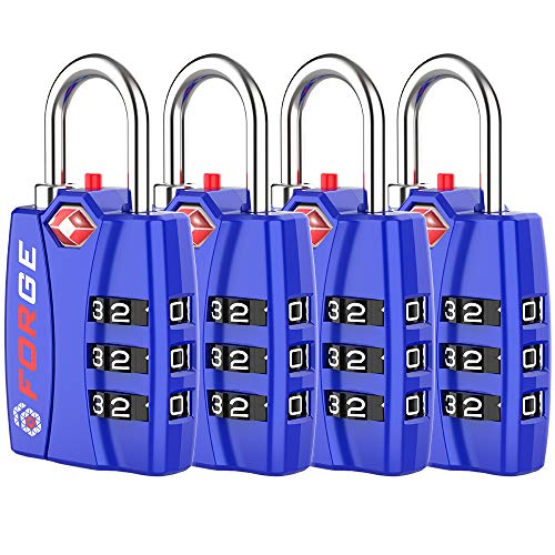 Forge TSA Luggage Combination Lock - Open Alert Indicator, Easy Read Dials, Alloy Body- Ideal for Travel, Lockers, Bags (Blue 4Pk)