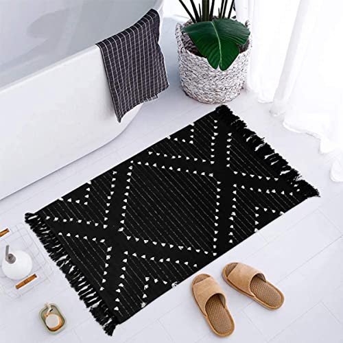 LIVEBOX Boho Bathroom Rug 2' x 3' Washable Black Rug Small Moroccan Throw Rug for Bath,Cotton Woven Area Rug Carpet with Tassel for Entryway Kitchen Sink Front Door