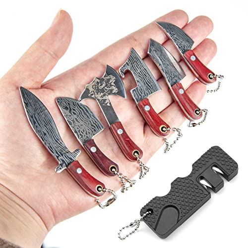 BeautyChen Damascus Mini knife Set Tiny Knives with Sheaths Chef Knife EDC Knives Keychains Small Knife Cleaver Mini Pocket Knife with Sharpener-Set of 7