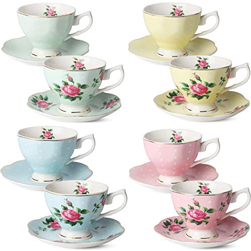 BTaT- Floral Tea Cups and Saucers, Set of 8 (8 oz), Multi-Color with Gold Trim and Gift Box, Coffee Cups, Floral Tea Cup Set, British Tea Cups, Porcelain Tea Set, Tea Sets for Women, Latte Cups