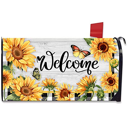 Auirre Spring Summer Welcome Mailbox Cover Magnetic Standard 21' x 18', Sunflower Butterfly Decorative Flower Buffalo Plaid Check Fall Post Letter Box Wrap Farmhouse Rustic Decor for Garden Yard