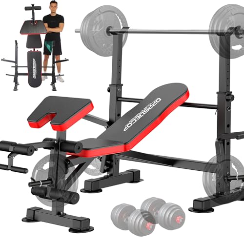 OPPSDECOR 8 in 1 650lbs Weight Bench Adjustable Workout Bench Set with Squat Rack Olympic Weight Bench Strength Training Leg Developer Preacher Curl and Barbell Rack Incline Seat for Home Gym OPX496