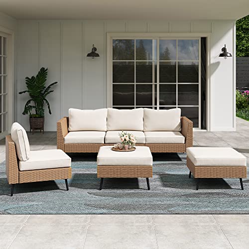 LAUSAINT HOME Outdoor Patio Furniture, 6 Piece Outdoor Sectional Sofa PE Rattan Wicker Patio Conversation Sets, All Weather Patio Furniture Set with Thick Cushions for Garden, Backyard(Beige)
