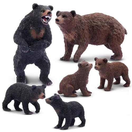 Toymany 6PCS Bear Figurines, Realistic Forest Animals Bear Family Figures Toy Set includes Brown Bears Black Bears and Cubs, Education Toy Birthday for Kids Toddlers