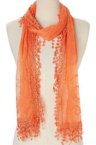 Women's lightweight Feminine lace teardrop fringe Lace Scarf Vintage Scarf Mesh Crochet Tassel Cotton Scarf for Women,One Size,Orange