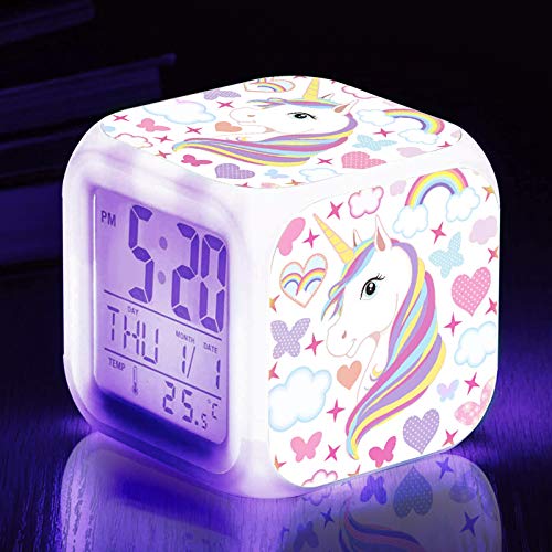 TOUCH X Kids Alarm Clocks, Unicorn Night Light Kids Alarm Clocks with 4 Sided Unicorn Pattern&9 Kinds of LED Glowing Wake Up Bedside Clock Gifts for Unicorn Room Decor for Girls Bedroom
