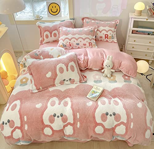 LMONMOO Pink Duvet Cover Queen Size, Fluffy Comforter Cover Set, Kawaii Bunny Bedding Sets for Girl Ultra Soft Cute Floral Bed Set for Kids(Pink Bunny, Queen)