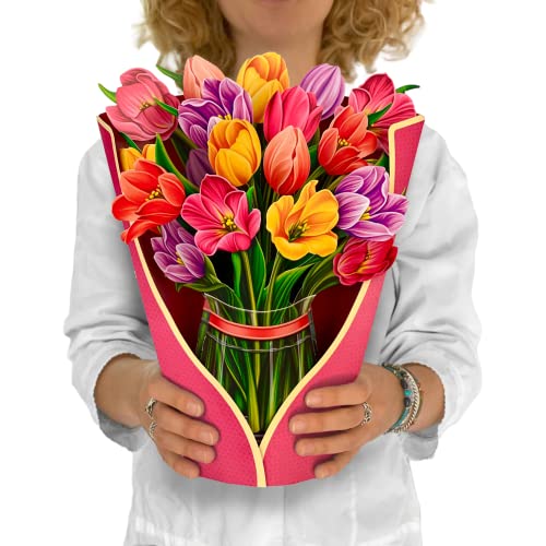 Freshcut Paper Pop Up Cards, Festive Tulips, 12 Inch Life Sized Forever Flower Bouquet 3D Popup Greeting Cards, Mother's Day Gifts, Birthday Gift Cards, Gifts for Her with Note Card & Envelope
