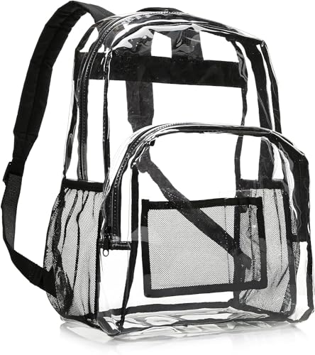 Amazon Basics Transparent School Backpack, With Water-Resistant PVC Plastic Material and Ruggedly Ruinforced Shoulder Straps, Clear