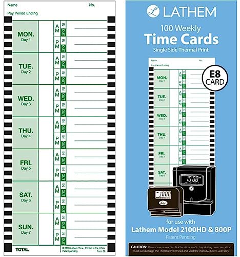 Lathem E8100 Time Clock Cards, For use with 800P Time Clock, One Sided, 4' x 9', 100 per Pack