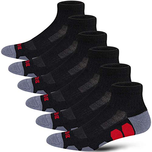 BERING Men's Performance Athletic Ankle Running Socks, Size 9-12, Black, 6 Pairs