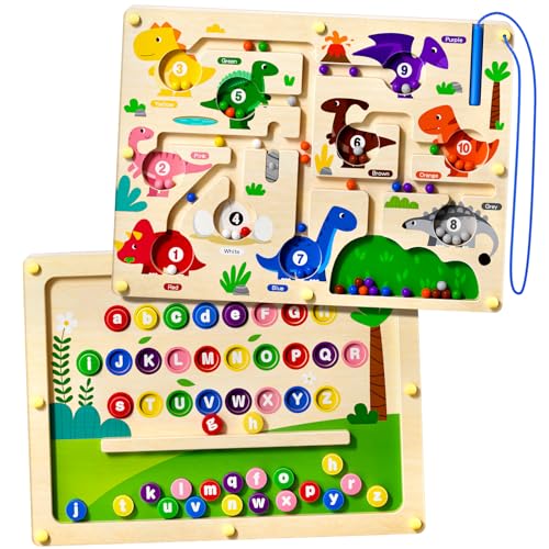 UMEREACT 2 in 1 Magnetic Color and Number Maze Double-Sided ABC Alphabet Puzzles Board Magnet Dinosaur Counting Maze Preschool Learning Montessori Education 3 4 5 Years Toys