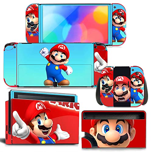 PERFECTSIGHT Cute Skin Sticker Compatible with Nintendo Switch OLED, Kawaii Cartoon Vinyl Decal, Pretty Pattern Full Set Wrap Protective Film for NS Console & Joy-Con Controller & Dock, Red Mario