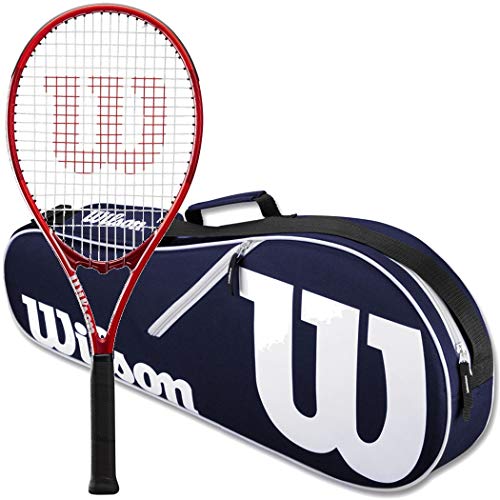 Wilson Federer Pro Staff Precision XL 110 Gloss Red Tennis Racquet in Grip Size 4 3/8' Bundled with a Navy Advantage II Tennis Bag (Incredible Feel and Control)