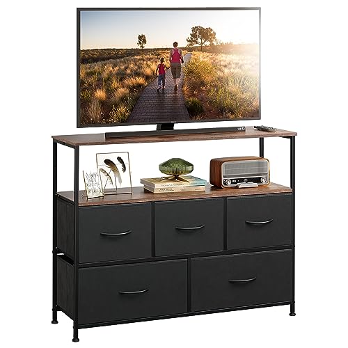 WLIVE Dresser TV Stand, Entertainment Center with Fabric Drawers, Media Console Table with Open Shelves for TV up to 45 inch, Storage Drawer Unit for Bedroom, Entryway, Black and Rustic Brown