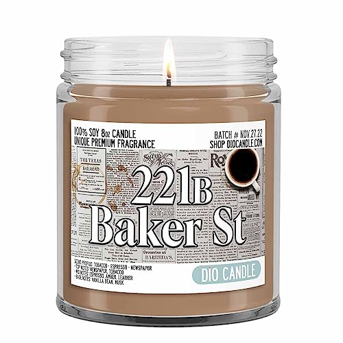 221b Baker Street Scented Candle - Smells Like Tobacco - Espresso - Newspaper - 100% Naturally Vegan Soy and Premium Fragrance | Great Gift | Handmade in Denver, Colorado (8oz Glass Jar)