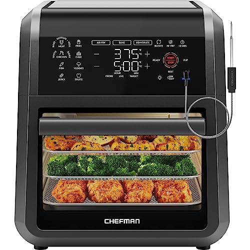 CHEFMAN ExacTemp 12 Quart 5-in-1 Air Fryer with Integrated Smart Cooking Thermometer, 28 Touchscreen Presets, Rotisserie, Dehydrator, Bake, XL Convection Oven with Auto Shutoff, Black