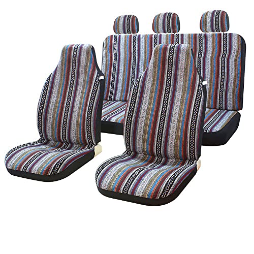 10pc Stripe Multi-Color Seat Cover Baja Saddle Blanket Weave Universal Bucket Seat Cover Fit for Cars & Vans with Steering Wheel Cover