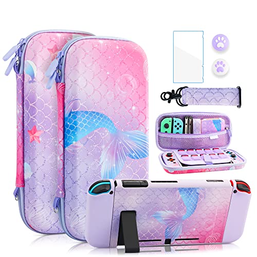 FANPL Pink and Purple Fish Tail Case Bundle for Nintendo Switch Accessories ,Hard Protective Cover Skin Shell ,Glass Screen Protector,2 Thumb Grips,Shoulder Strap,Suitable as a gift for girls