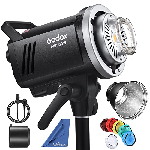 Godox MS300V MS300-V Compact Studio Strobe Flash Light - 300W,GN58 0.1-1.8S Recycle Time,2.4G X System,Bowens Mount LED Modeling Lamp for Photographic Studio Portrait Shooting(MS300 Upgraded Version)