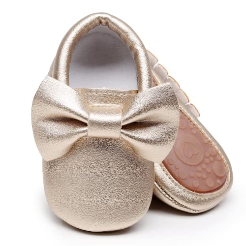 HONGTEYA Baby Moccasins with Rubber Sole - Flower Print PU Leather Tassel Bow Girls Ballet Dress Shoes for Toddler (6-12 Months/US 5/4.72''/ See Size Chart, Gold)